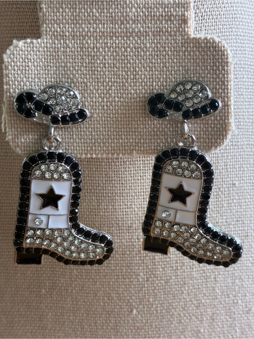 Black & White Rhinestone Cowboy Boot Dangle Earrings - Picture 2 of 2